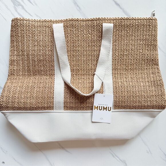 NWT Show Me Your Mumu Sunseeker Tote Bag Canvas Straw Slouchy White Beige Large - Picture 2 of 10